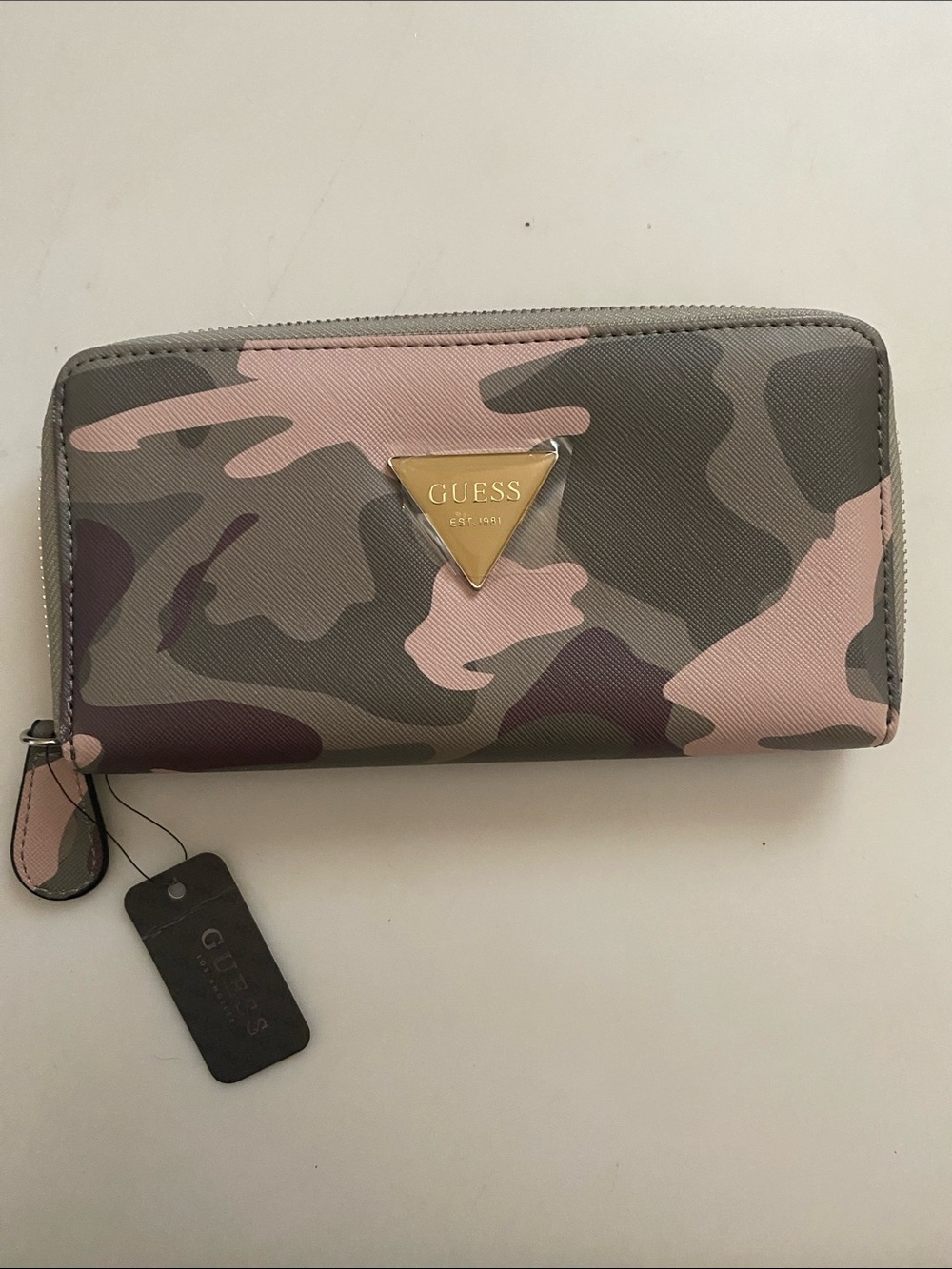 Guess Pink & Gray Camouflage Zip-Around Wallet with Gold Logo